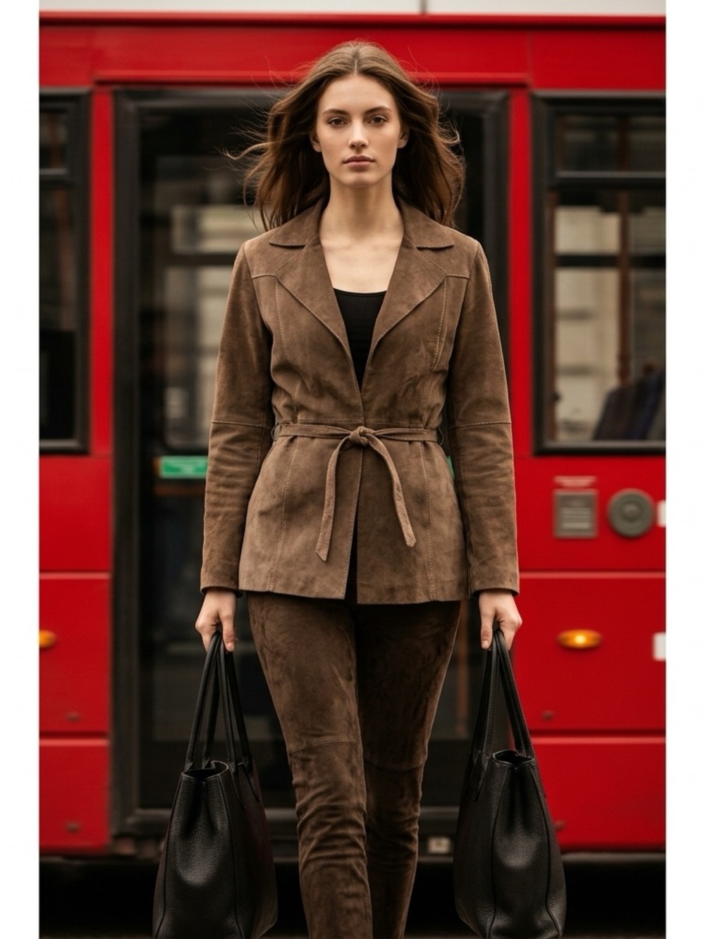 Marcelle Renee Brown Suede Leather Belt Wrap Jacket Womens Medium Notched Lapel